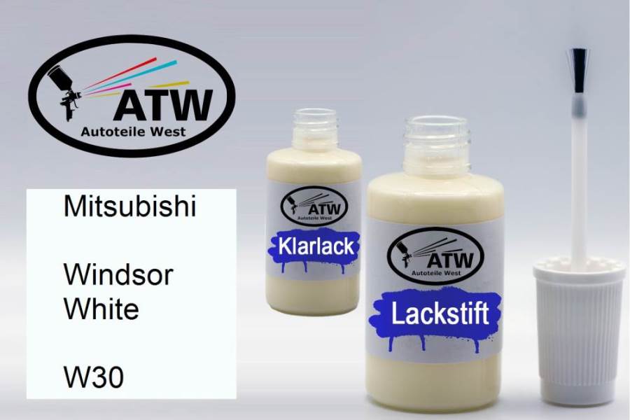 Mitsubishi, Windsor White, W30: 20ml Lackstift + 20ml Klarlack - Set, von ATW Autoteile West.